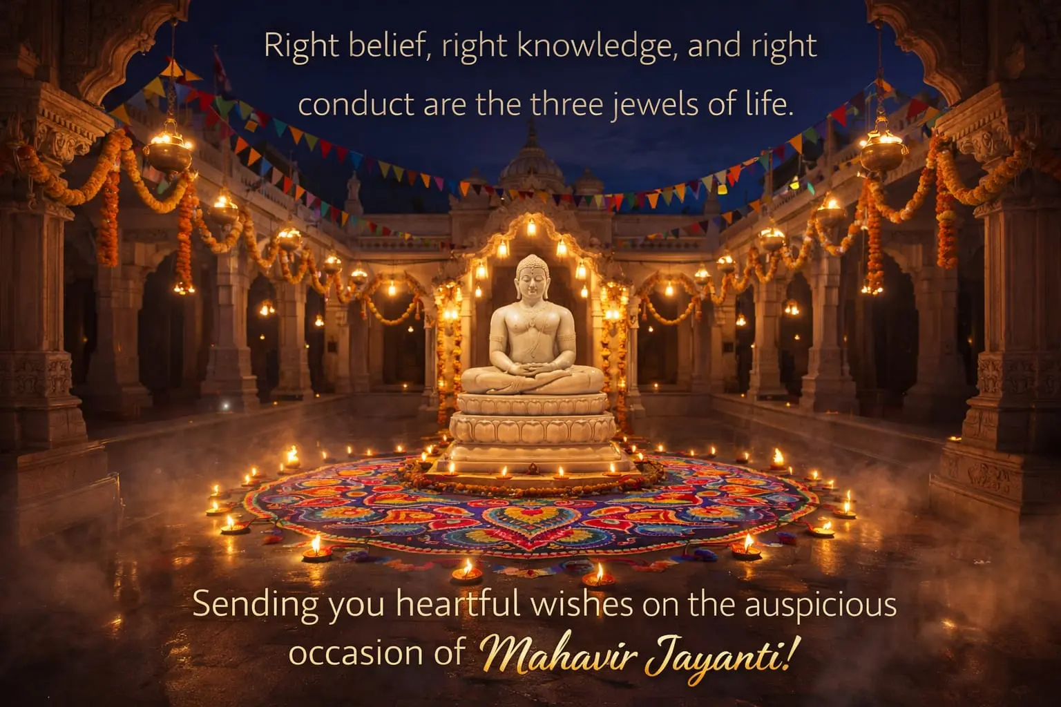 Golden Mahavir statue sunrise ahimsa teaching