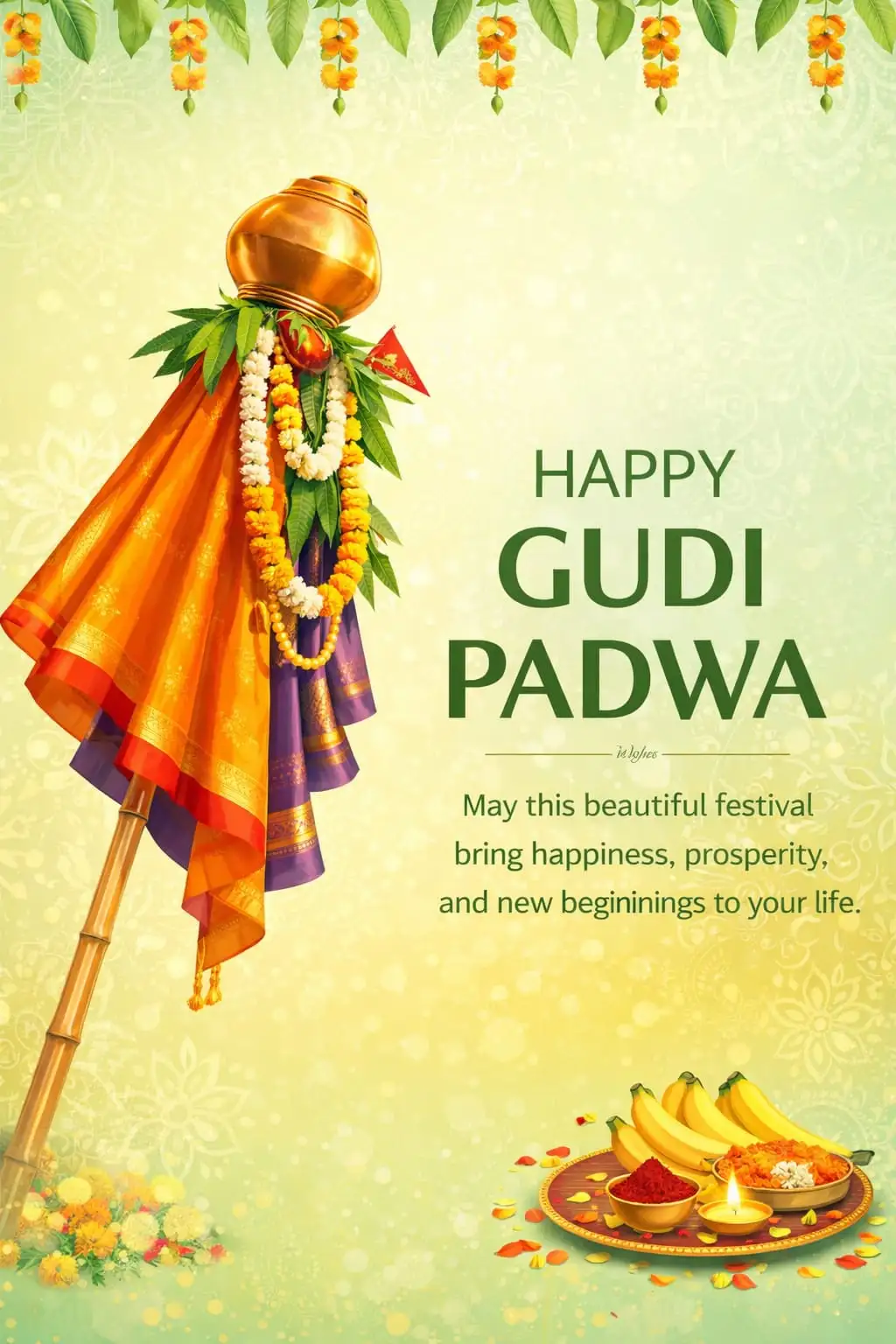 Happy Gudi Padwa 2026 wishes greeting image with festive decorations