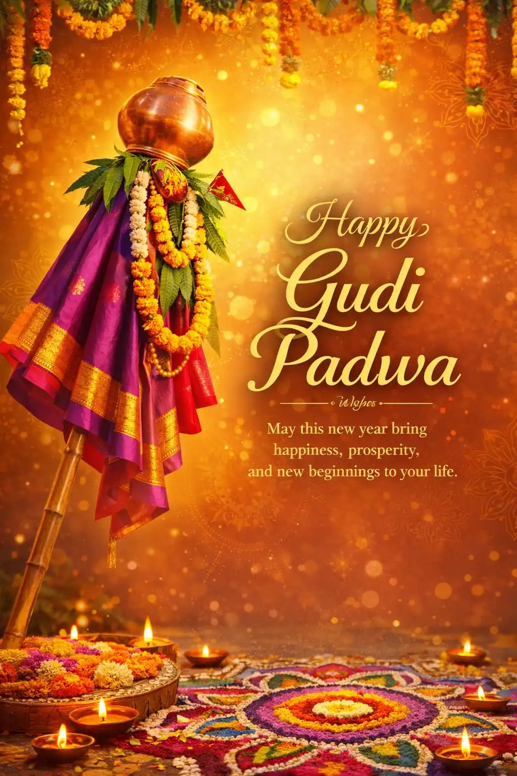 Happy Gudi Padwa 2026 festival wishes image with rangoli and cultural elements