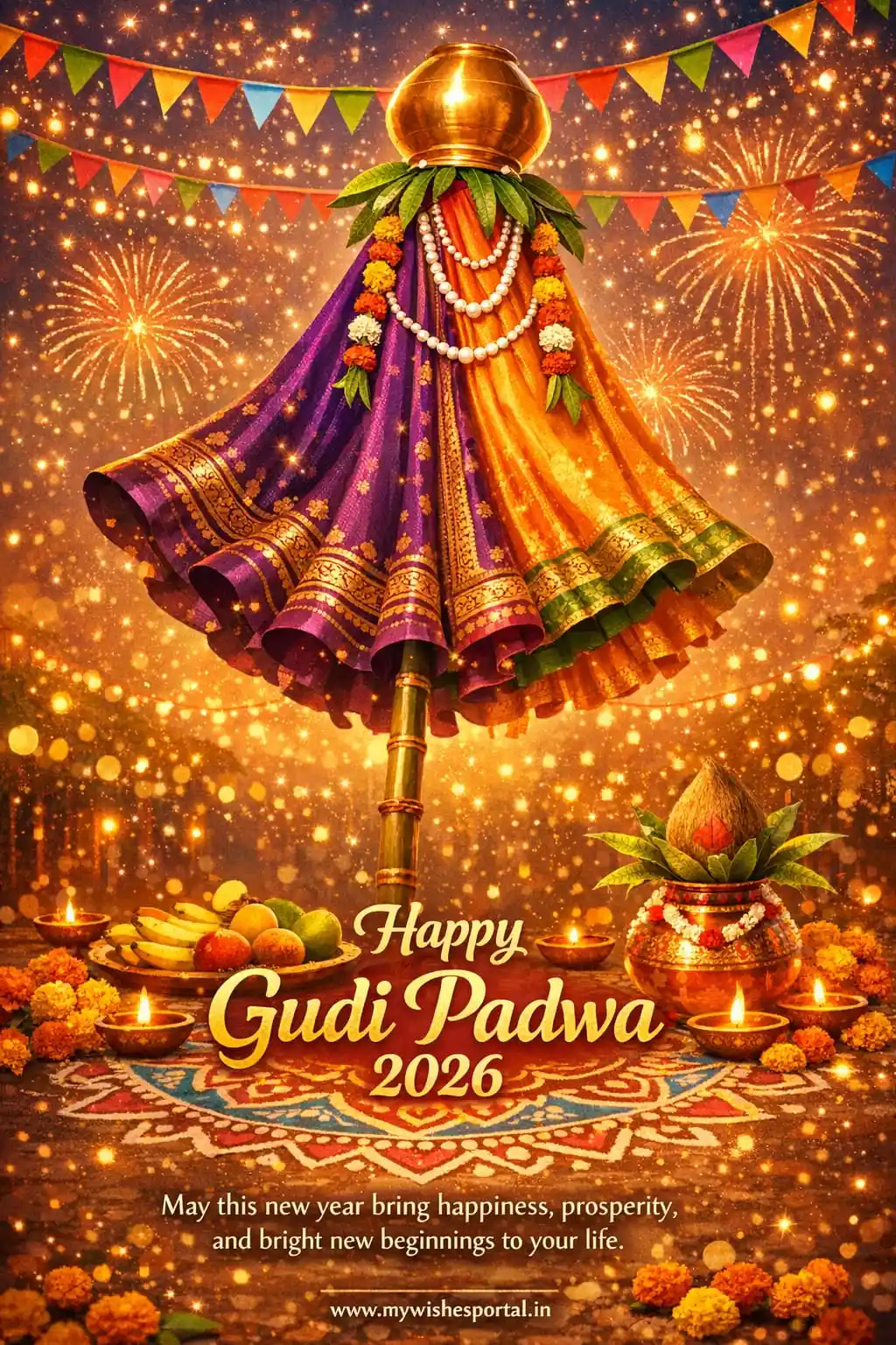 Beautiful Gudi Padwa wishes images 2026 with traditional Gudi decoration