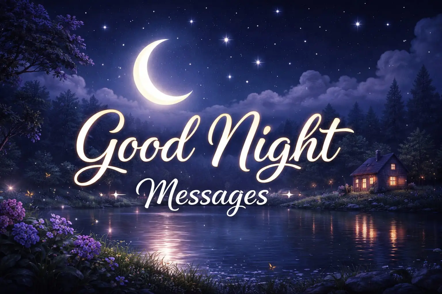 Good night messages and wishes with moon, stars, and peaceful night scenery