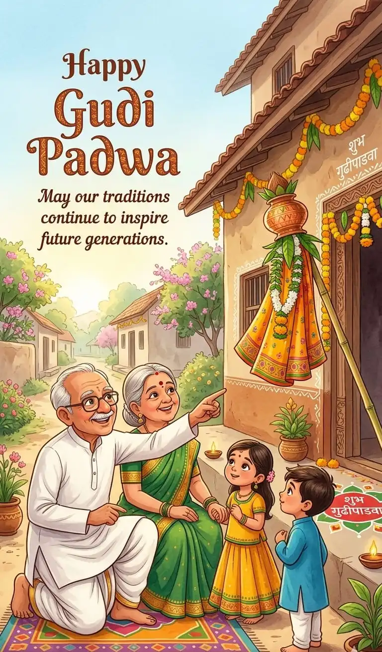 Traditional Gudi Padwa festival celebration with decorated Gudi and rangoli