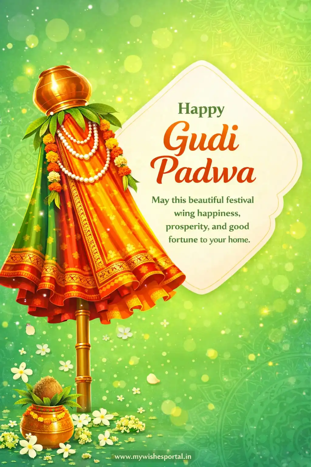Gudi Padwa festival greeting 2026 image with traditional Gudi and festive colors