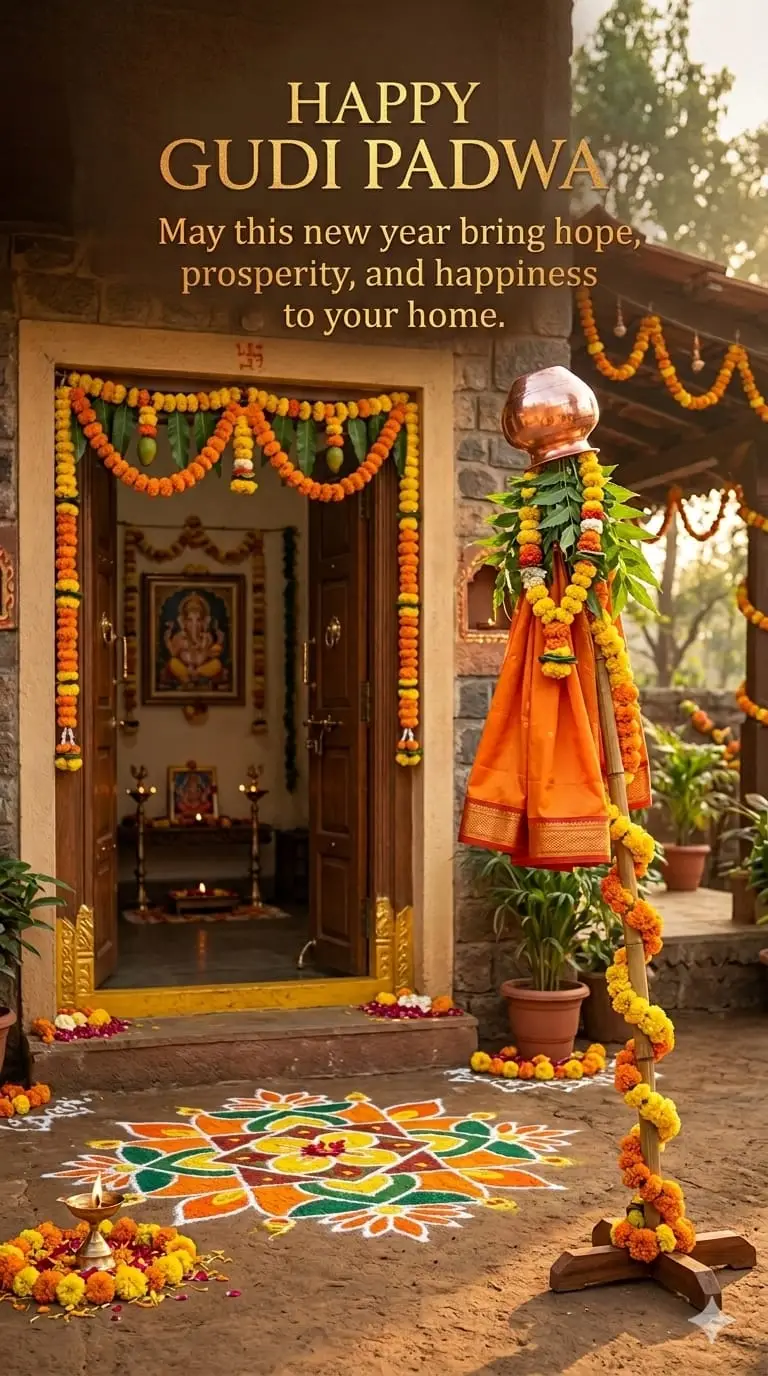 Happy Gudi Padwa wishes image for family with traditional festival decorations