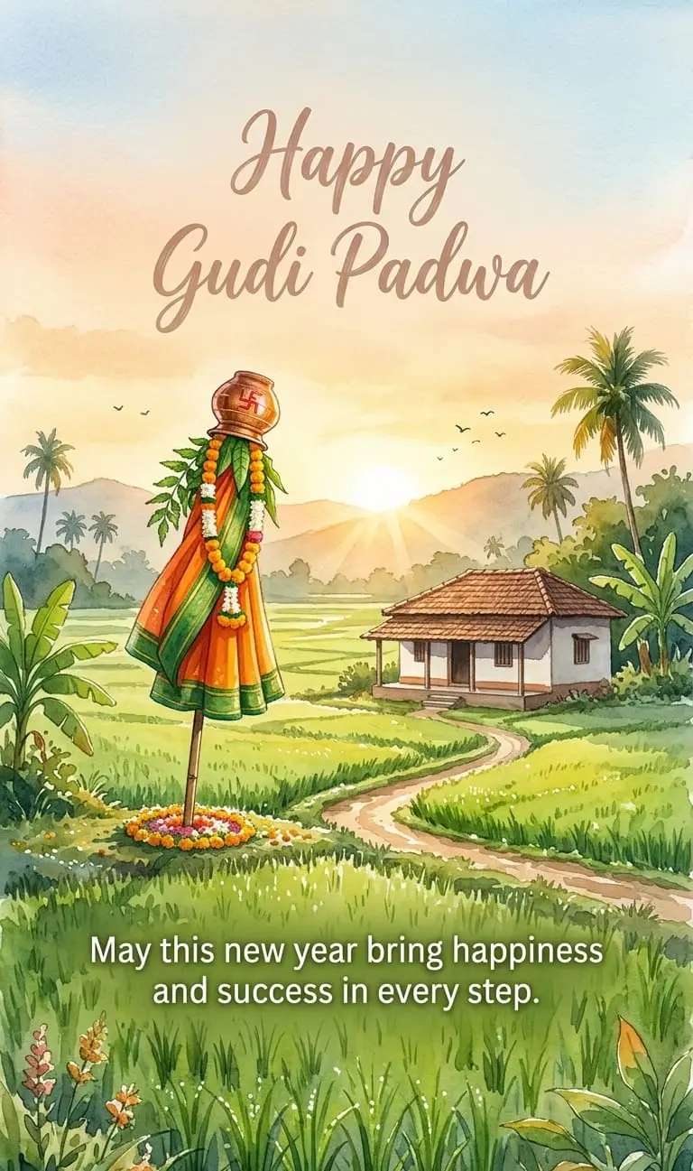 Happy Gudi Padwa wishes greeting with traditional Gudi decoration
