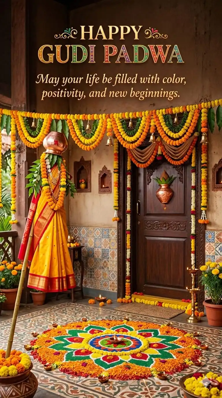 Traditional Gudi symbol raised outside home during Gudi Padwa festival