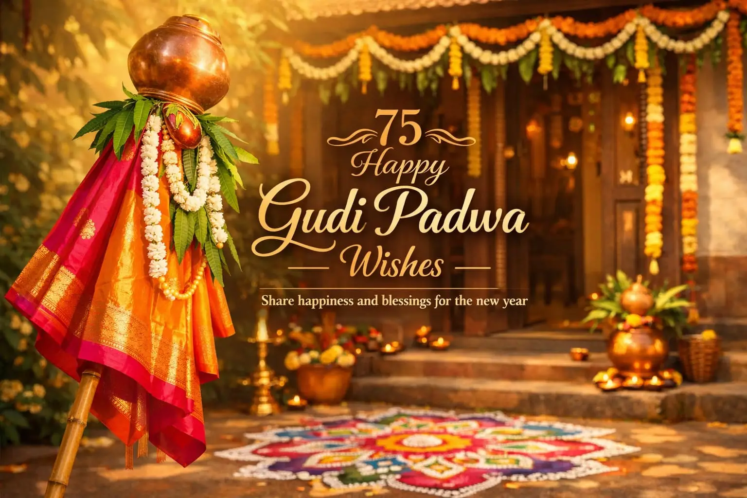 Happy Gudi Padwa wishes with traditional Gudi and festive decorations