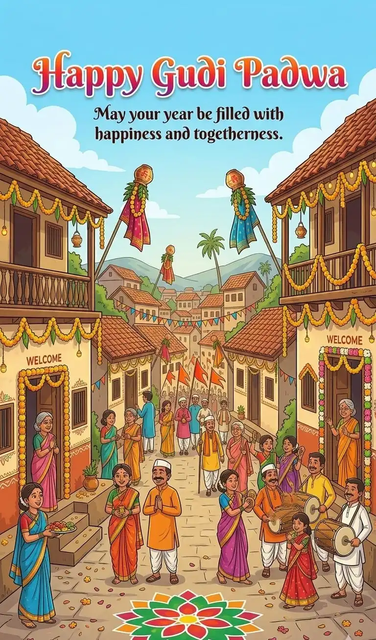 Happy Gudi Padwa festival wishes image showing cultural decorations and celebration