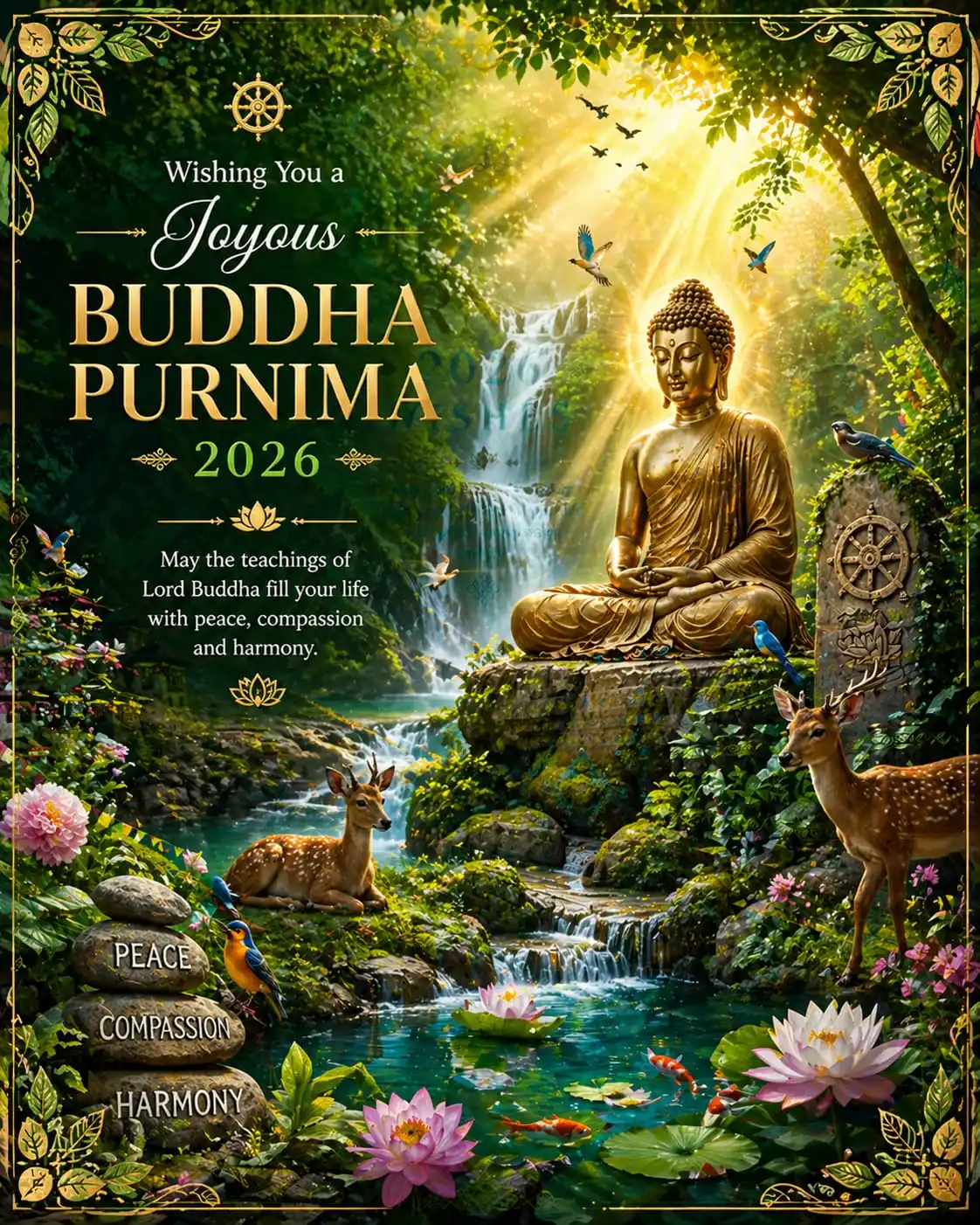 Buddha Purnima 2026 Wishes golden Buddha temple image