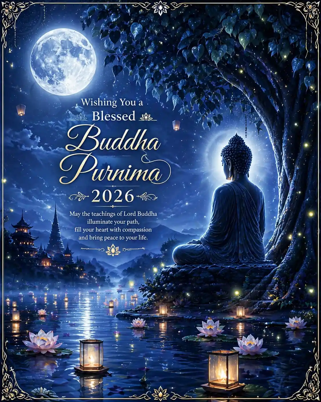 Happy Buddha Purnima 2026 wishes lotus lake greeting image