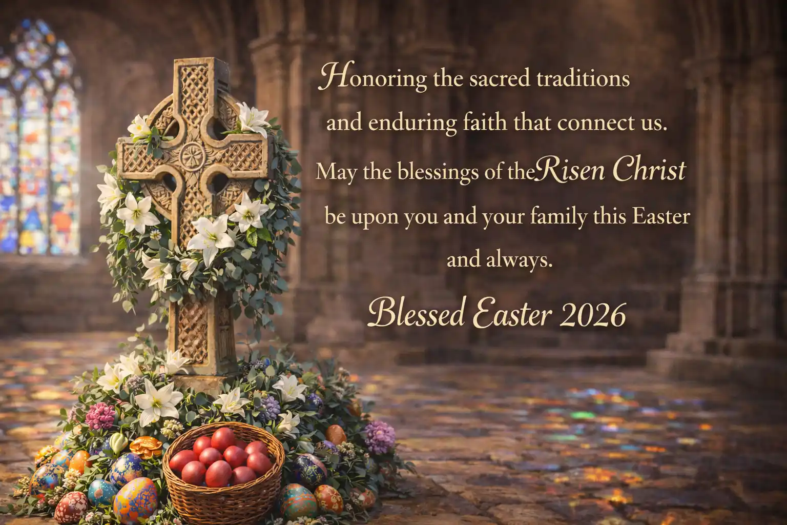 Blessed Easter 2026 cathedral cross with lilies and stained glass light
