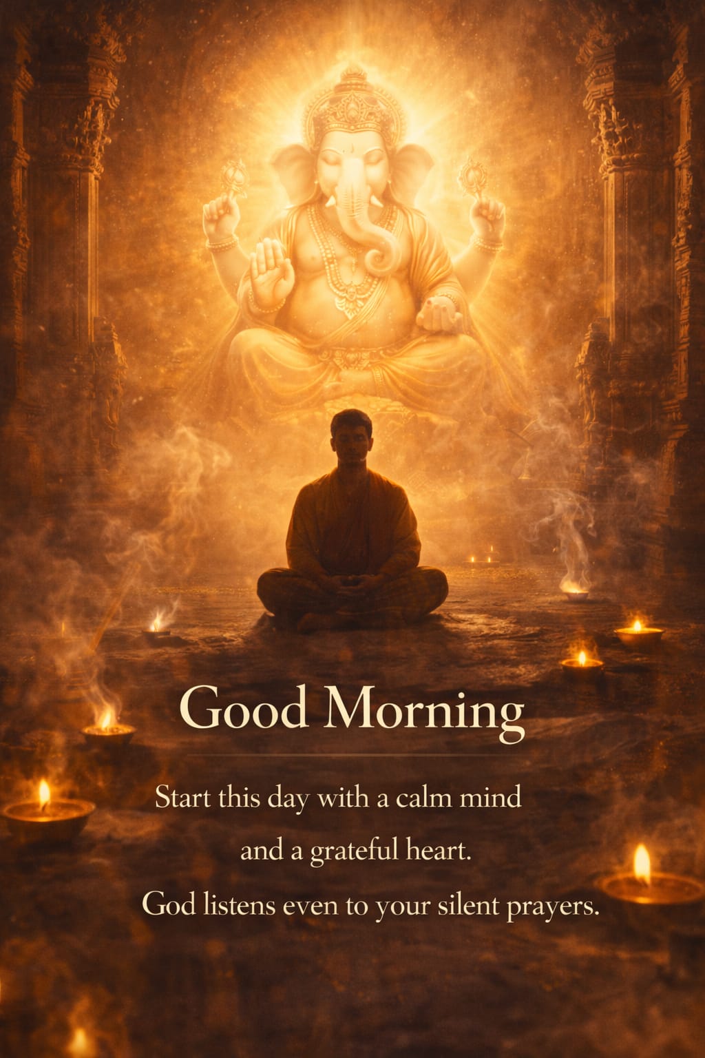 calm peaceful morning meditation ganesha temple diya