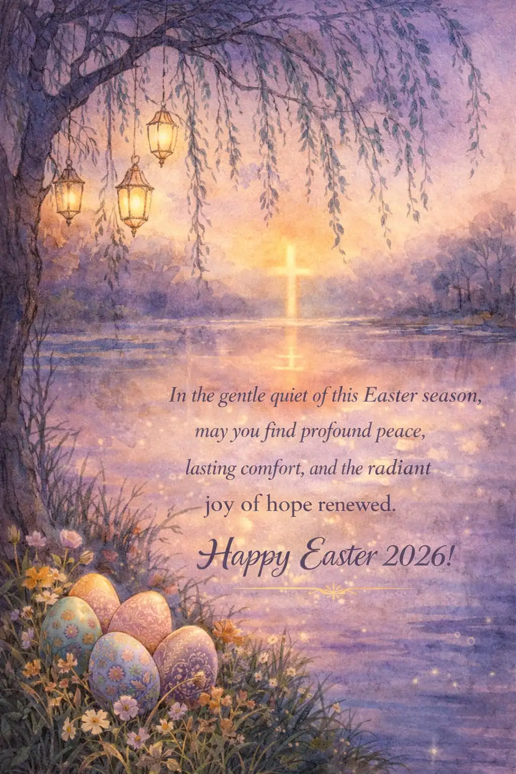 Serene willow pond watercolor Easter peace