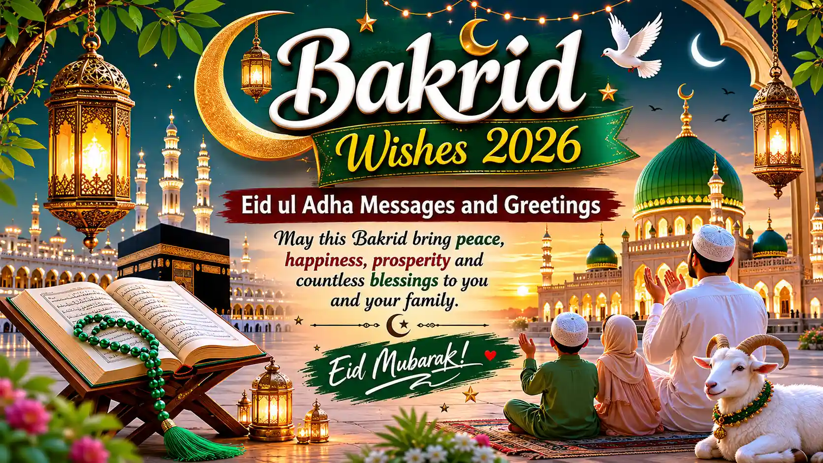 Bakrid Wishes 2026 featured image with Eid ul Adha Mubarak greetings and Islamic festival design