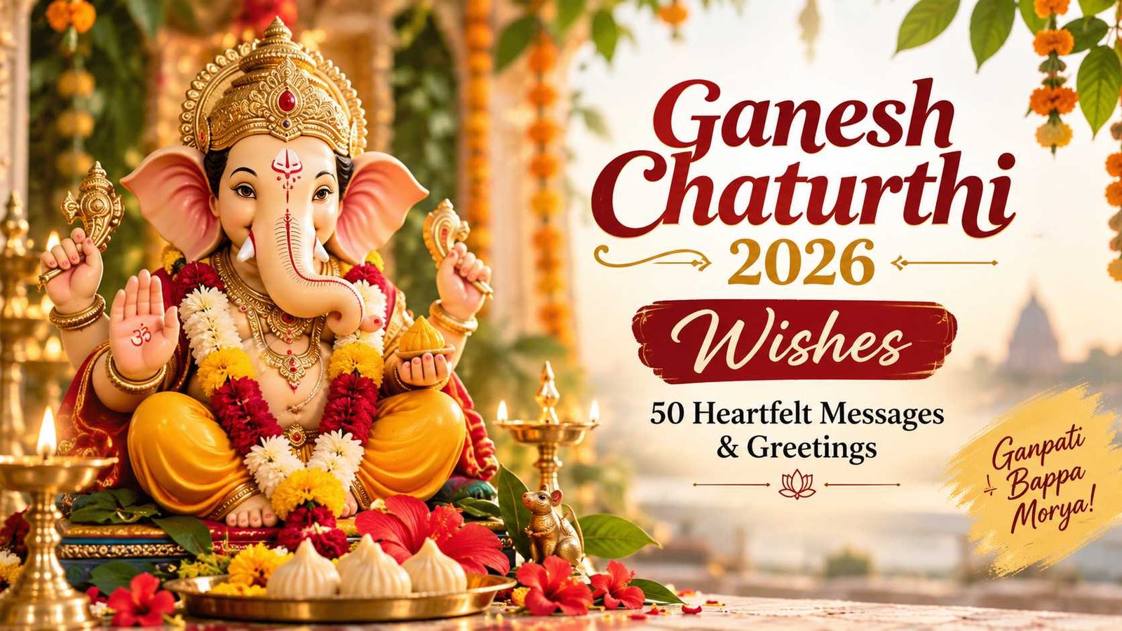 Ganesh Chaturthi 2026 wishes with Lord Ganesha, festive diyas and flowers